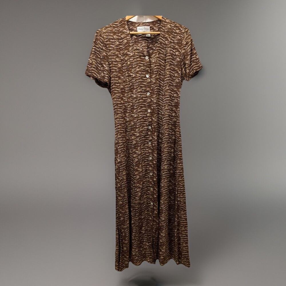 VTG 90s Button Up Maxi Dress Betsy Lauren Animal Print Brown Whimsi Dark Safari